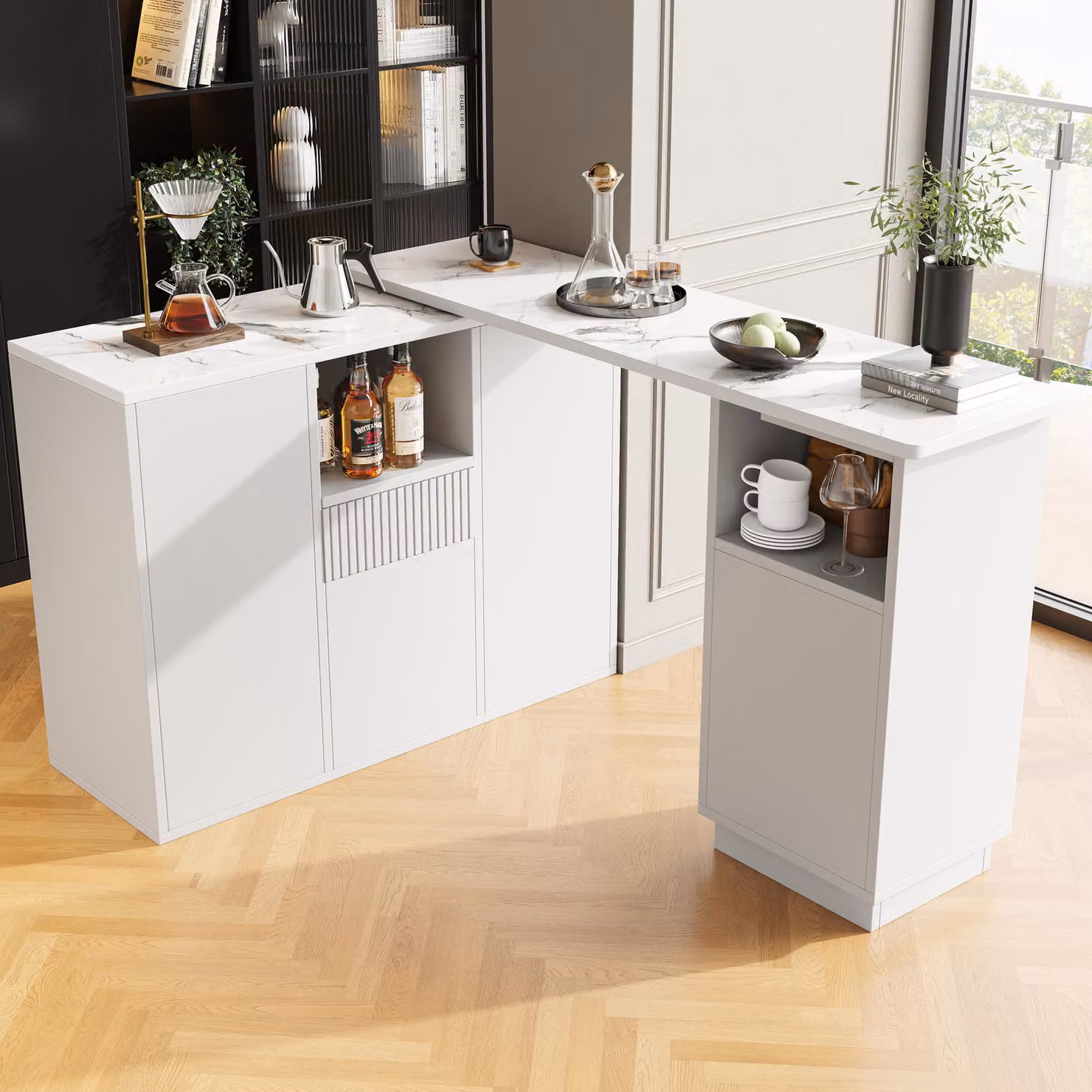 MODFU Tavolo da pranzo multifunzionale tavolo laterale isola da cucina con griglia e aree di stoccaggio porta, mobile per il tempo libero con porte armadio e struttura in marmo, Bianco