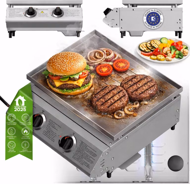 TurboTronic Barbecue a gas - BBQ6 - griglia a gas da tavolo con piastra in acciaio inox 46 × 40 cm, 2 bruciatori da 3,15 kW (6,3 kW), piastra plancha, accensione piezoelettrica, sistema raccogli grasso