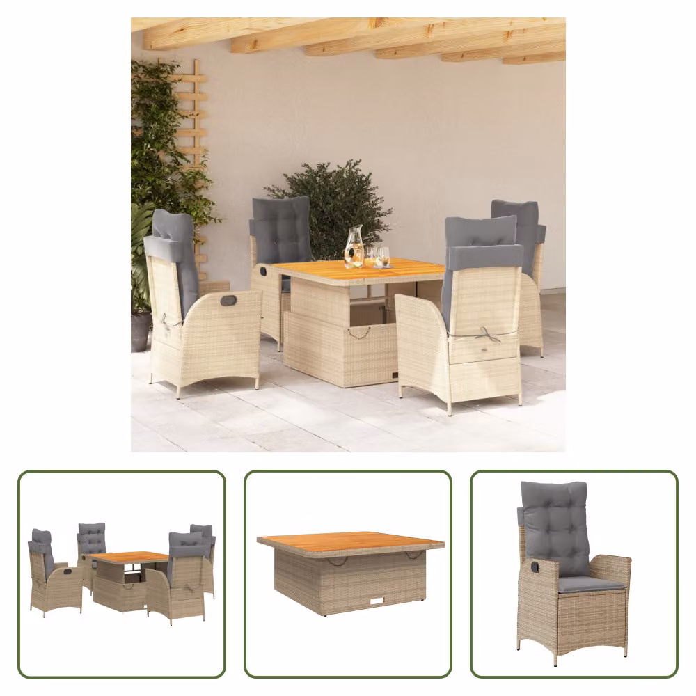 The Living Store Set da pranzo da giardino 5 pezzi con cuscini Beige poly rattan