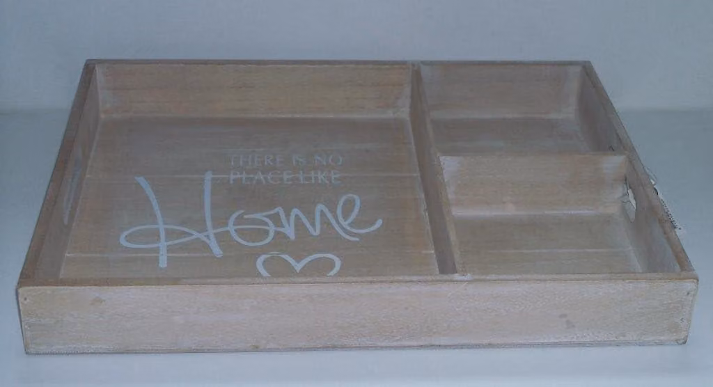 Vassoio in legno con scritta "HOME", dimensioni 40x30x5 cm, diviso in 3 scomparti, con maniglie, ideale per la cucina