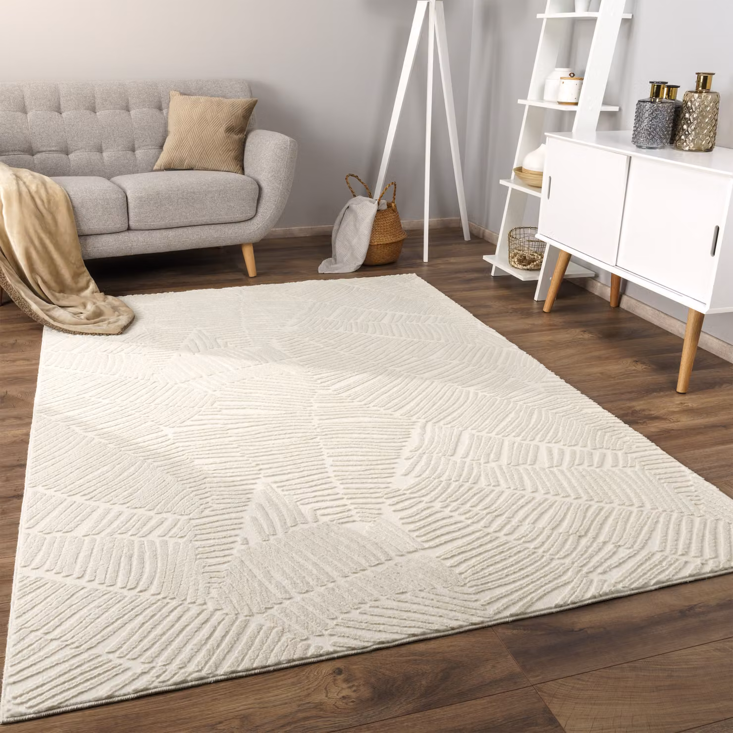 Tappeto in ecopelliccia Lelystar beige e bianco, modello moderno con decoro floreale, L: 280 cm, P: 200 cm – 2