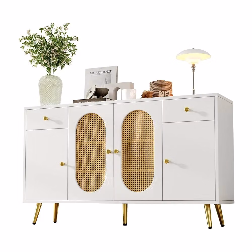 Cassettiera Minimal con 2 cassetti e 4 ante per soggiorno e cucina, Bianco e Legno Naturale, L: 140 cm, P: 35 cm, H: 82 cm – 2