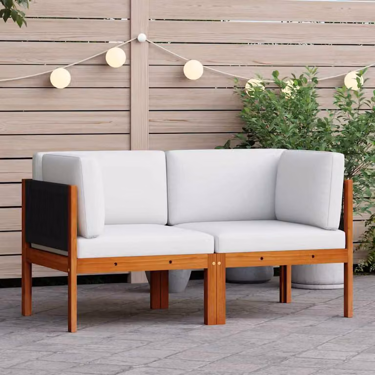 Set di 2 divani angolari da giardino vidaXL in legno di acacia con cuscini bianchi e neri