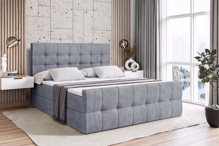 Letto boxspring ALTDECOR con materasso e rete a doghe - - BERO -Z - 200x200 cm - Grigio velluto - Letto boxspring, pediera, topper, letto imbottito con contenitore, letto con vano portaoggetti H4 - Materasso, letto matrimoniale, letto boxspring