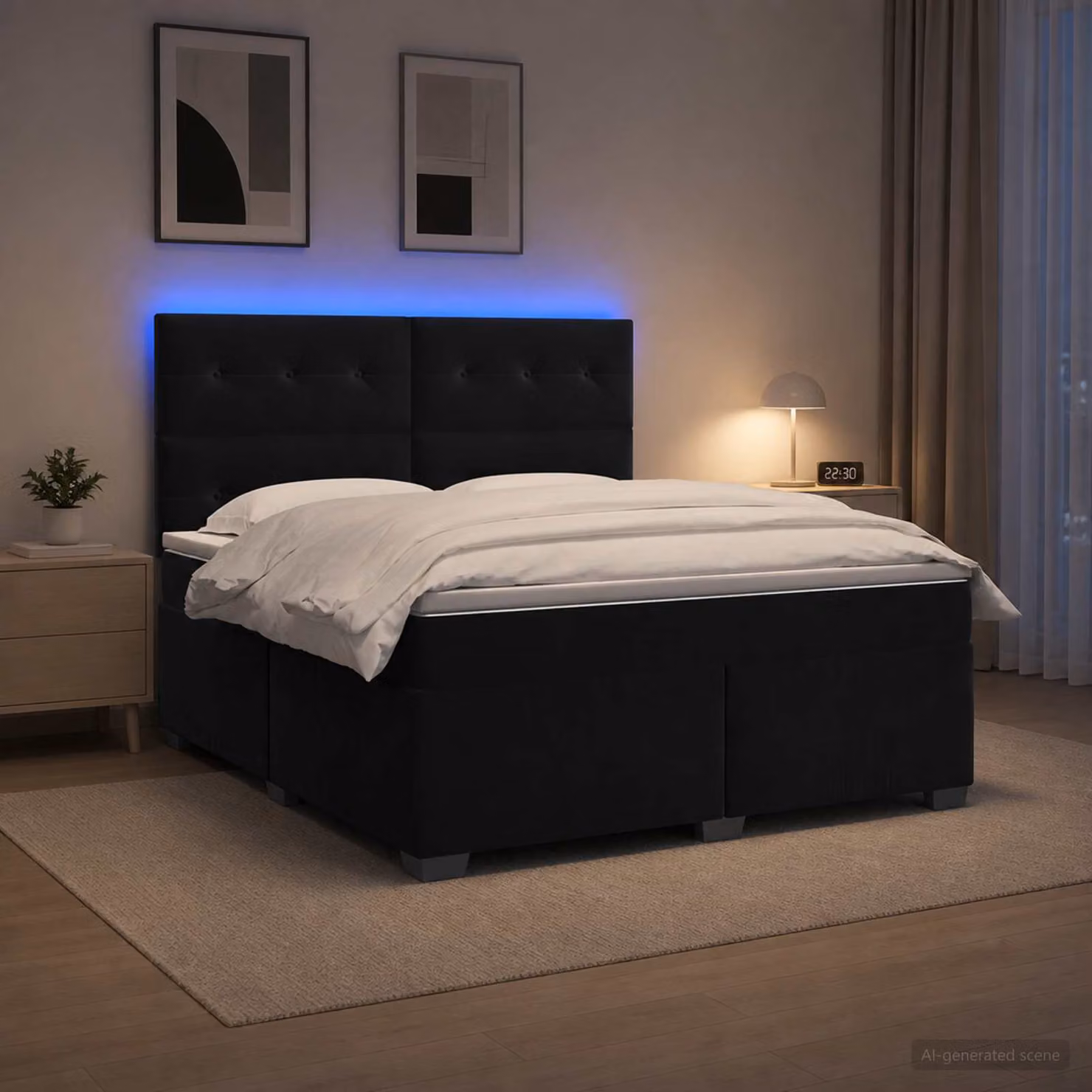 Letto box spring vidaXL con materasso in velluto nero, dotato di illuminazione sottostante e porta di ricarica USB, L/P: 160 x 200 cm