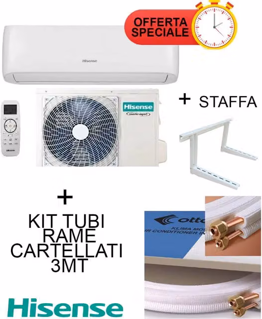 Climatizzatore Hisense Inverter Serie EASY SMART 12000 Btu + Staffa + Kit Tubi Rame 3MT Cartellati CA35MR05G + CA35MR05W R-32