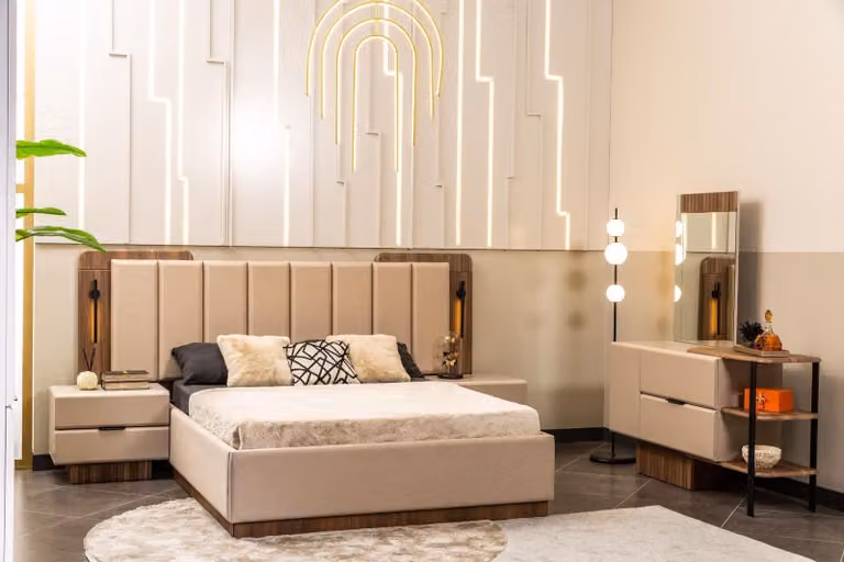 Schlafzimmer Garnitur Doppelbett Nachttische Beige Stoff 4tlg Schminkttisch
