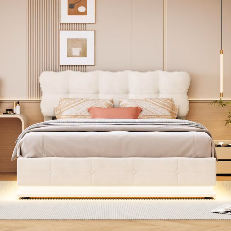 Letto con contenitore, sollevatore idraulico e illuminazione a LED, 140 x 190 cm, rivestimento in velluto beige, testiera moderna, illuminazione multicolore telecomandata