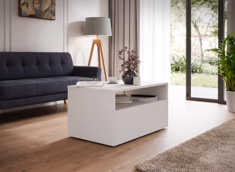 Tavolino da salotto LINO bianco con rotelle e cassetto – un tavolino moderno per il salotto