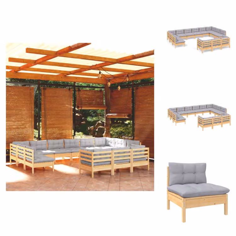 vidaXL Set di 13 pezzi per salotto da giardino con cuscini grigi in legno di pino - Set di mobili da giardino
