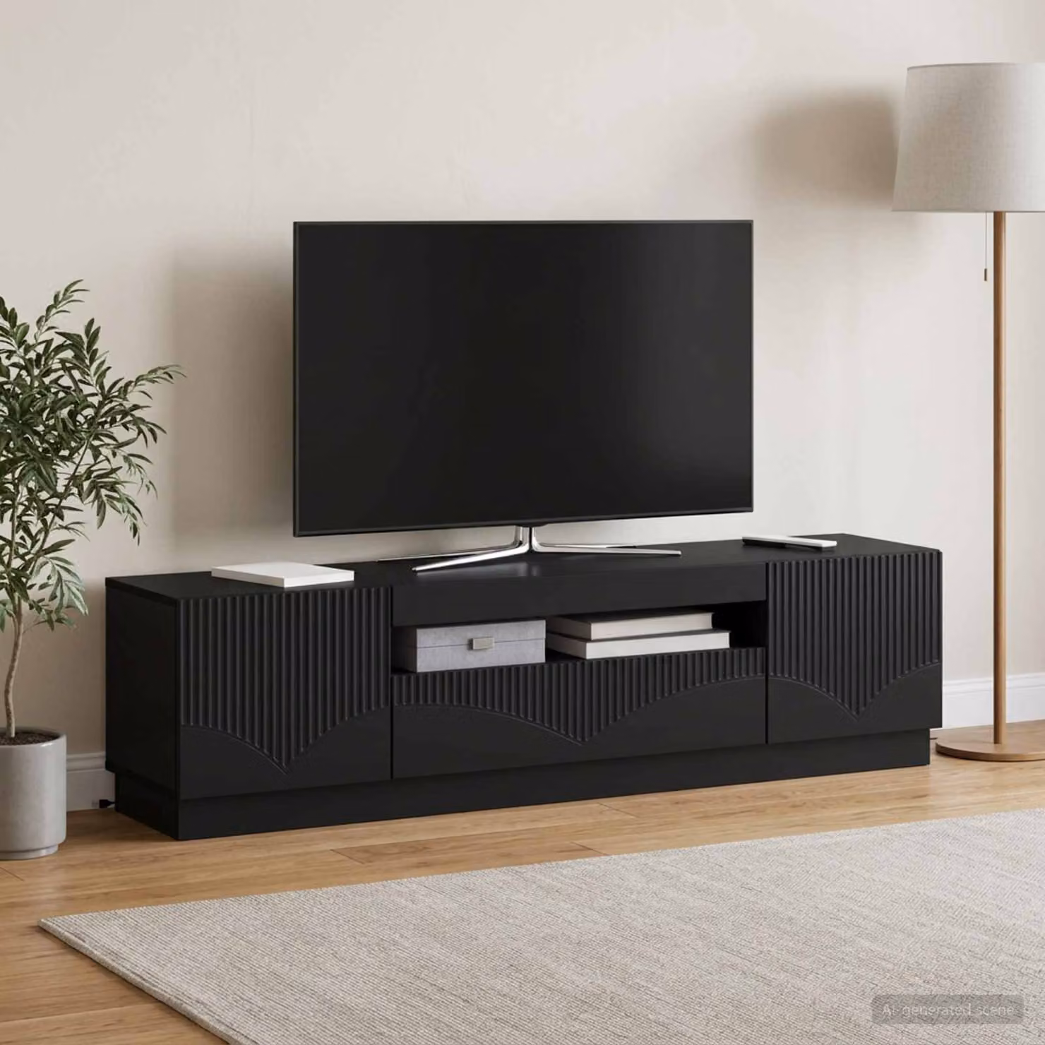 Mobile TV LED vidaXL Nero e Legno, con illuminazione integrata e scomparti multimediali, per soggiorno, L/P/H: 153 x 40 x 35 cm