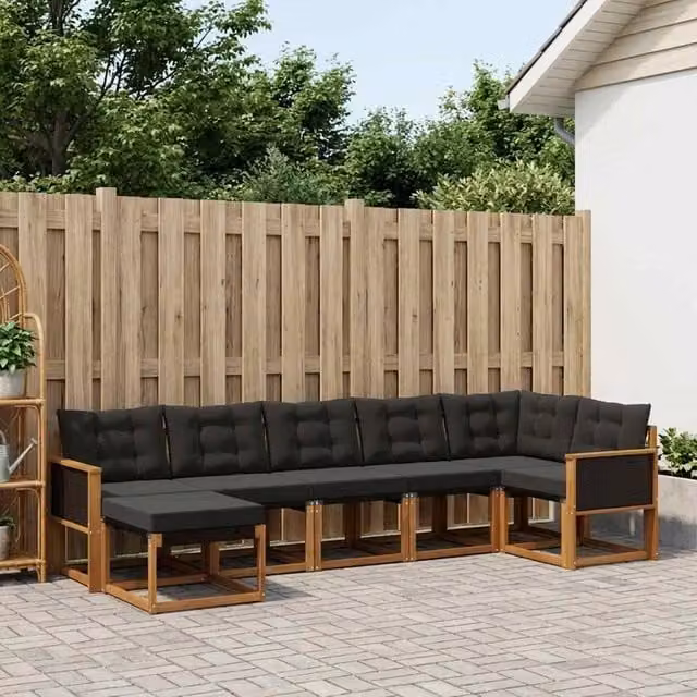 Set di divani da esterno a L vidaXL composto da 7 pezzi in legno di acacia con cuscini in tessuto textilene, colore marrone e nero