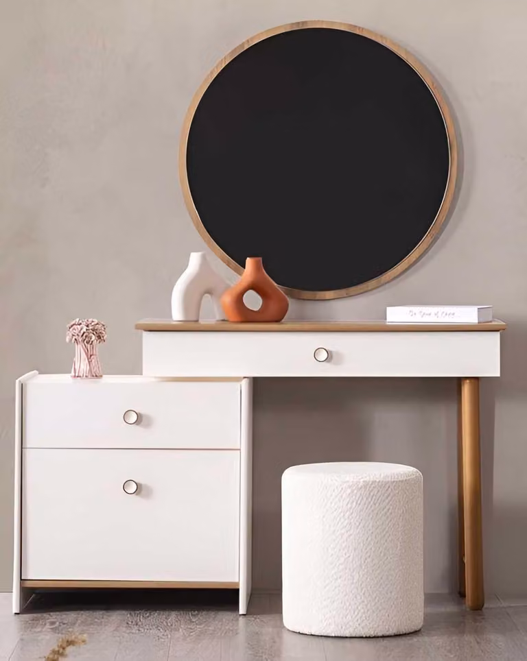 Toeletta con specchio e sgabello, stile moderno, colore beige, nuovo, minimalista