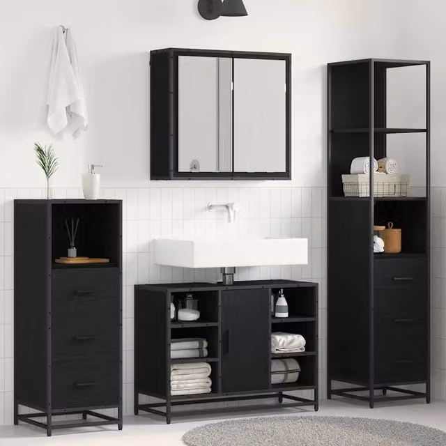 Set di mobili per il bagno 3 pz Rovere Nero 80 x 33 x 60 cm 3402422