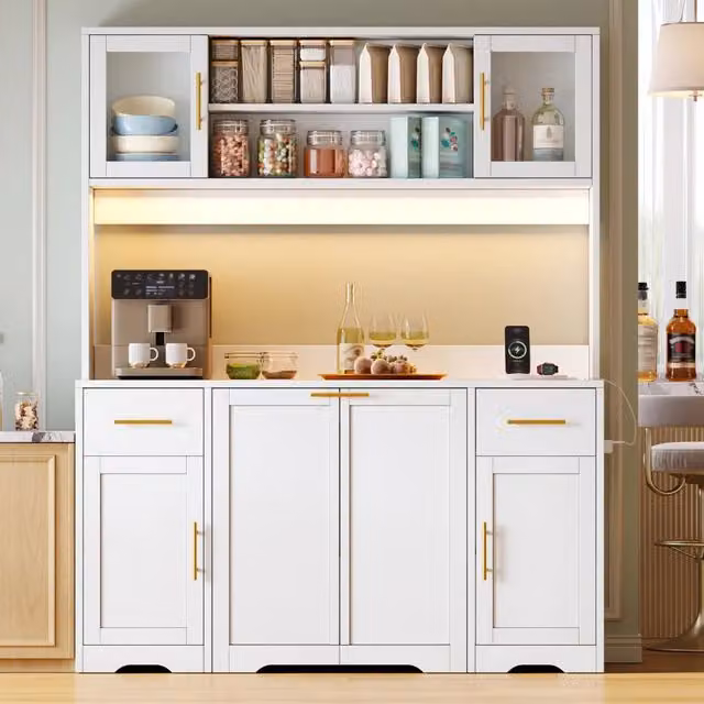 Credenza alta da cucina con piano di lavoro, 2 cassetti, pattumiera estraibile e luce RGB, bianca, 140 × 40 × 173 cm