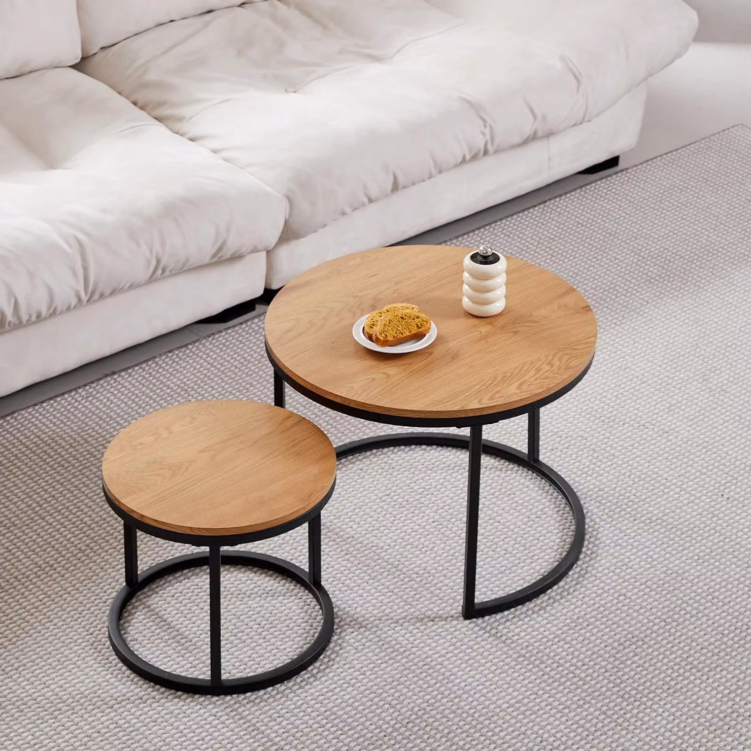 Tavolino rotondo - Tavolino da soggiorno - Set moderno 2-in-1 - Legno e metallo - Facile da montare - Rovere chiaro