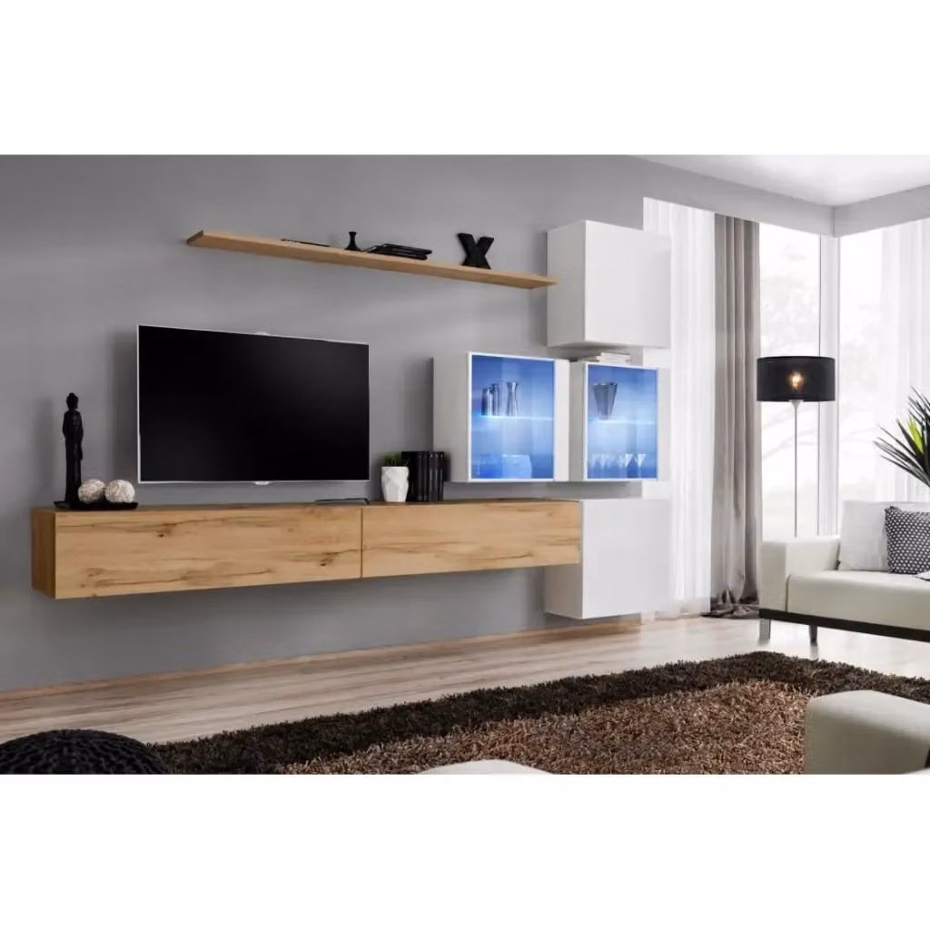 Composizione murale SWITCH XIX Meublorama con mobile TV, cubi, vetrine LED e mensola in Rovere Wotan e bianco lucido – 2