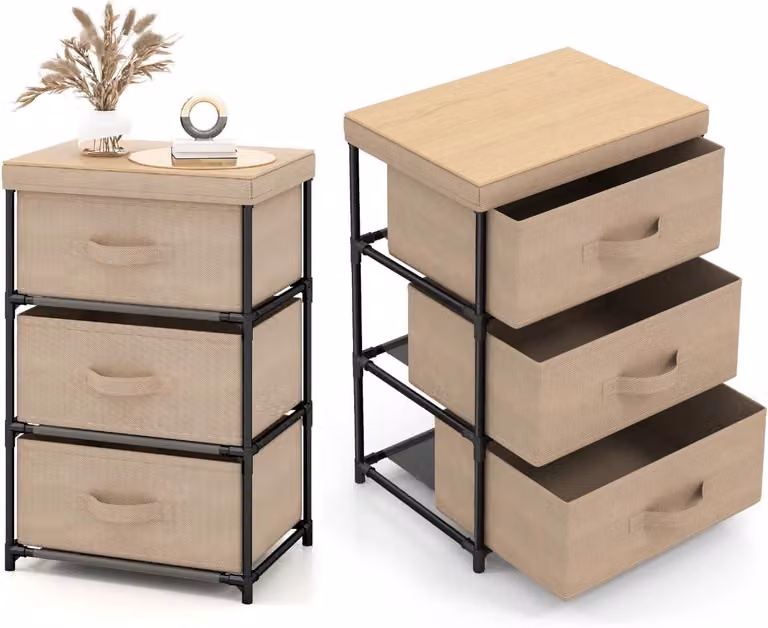 Cassettiera KOMFOTTEU con 3 cassetti estraibili e richiudibili, mobile contenitore in tessuto, robusta struttura in metallo, ideale per camera da letto, soggiorno