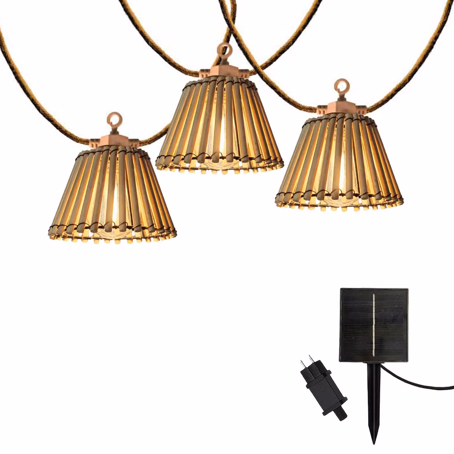 Stringa luminosa per esterni con 10 paralumi in bambù naturale collegabili NATURA LIGHT HYBRID LED bianco caldo da 8 m alimentata a energia solare e di rete