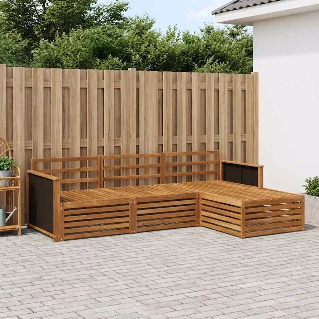 vidaXL Set di divani da esterno a L in legno di acacia massello marrone con pouf e cuscini inclusi