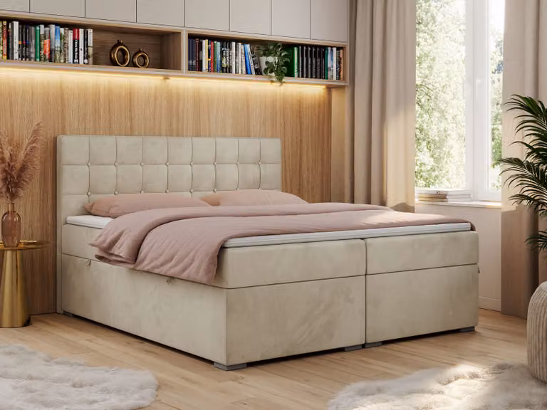 Letto con rete a molle, letto matrimoniale, letto imbottito con poggiatesta, contenitore per biancheria - CARMEN - 200x200 - Beige - Velluto - H3