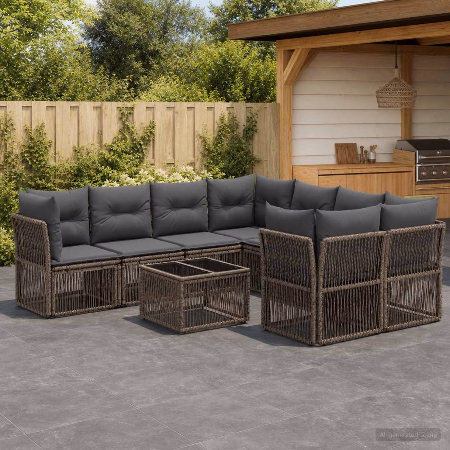 Set Divano da Giardino vidaXL 9 pz a forma a U in Polyrattan Grigio con Tavolino e Cuscini Imbottiti