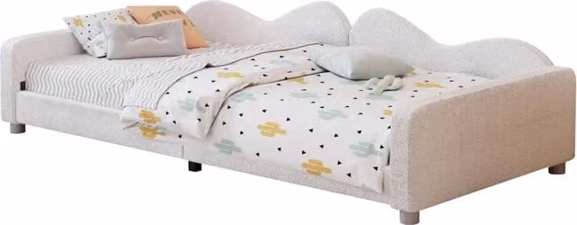 Letto per bambini imbottito bianco con schienale e braccioli; rete a 12 doghe