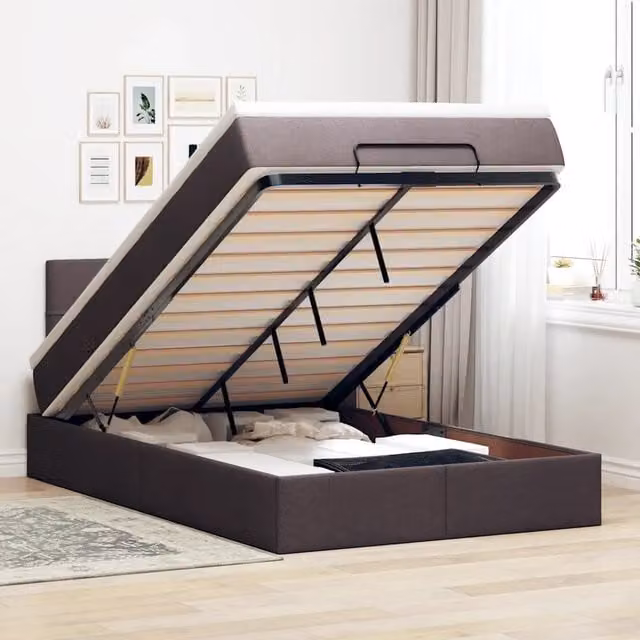 Letto Pouf con Materasso vidaXL in Tessuto con Base a Sollevamento, Illuminazione Sotto il Letto e Porta USB, Marrone e Bianco, L: 200 cm, P: 80 cm, H: 88 cm