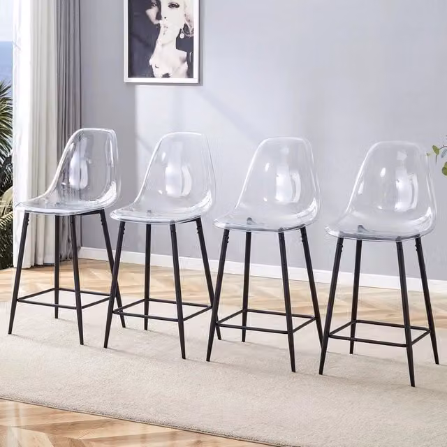 Set di 4 sgabelli da bar Minimal con gambe in metallo per cucina e sala da pranzo, nero e trasparente – 1