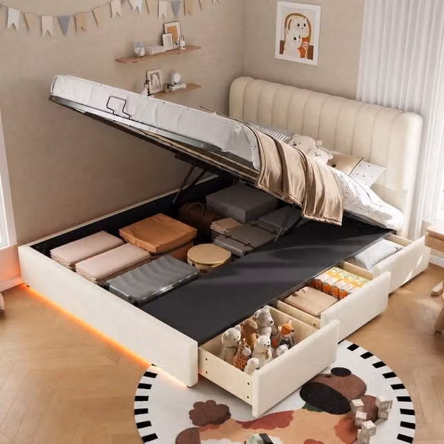 Letto contenitore Vovees Living in velluto beige con sollevamento idraulico, luci LED e struttura imbottita L/P: 140 x 200 cm