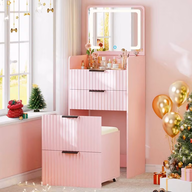 Comò da trucco con specchio a LED e sgabello, 3 cassetti, rosa
