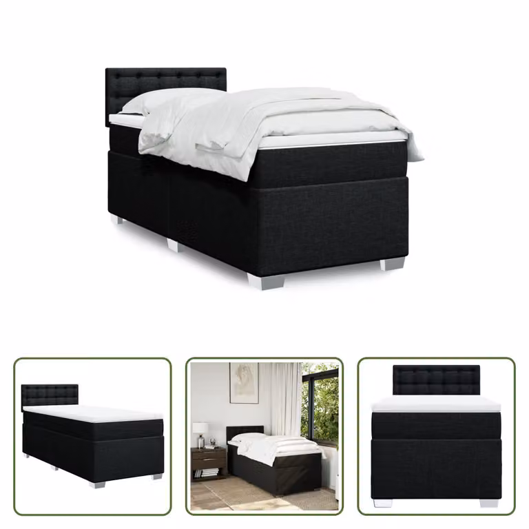 The Living Store Letto a molle con materasso nero 90x200 cm in tessuto