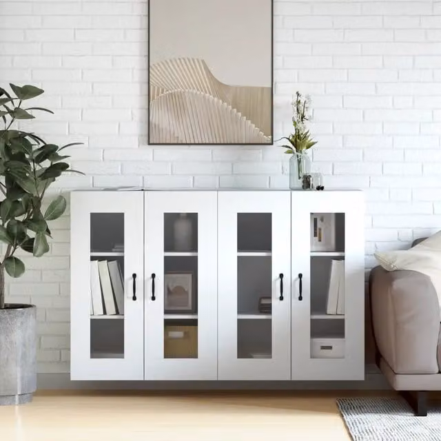 Set di 2 pensili da parete moderni HELLOSHOP26 in legno e vetro bianco L: 69,5 cm, P: 34 cm, H: 90 cm
