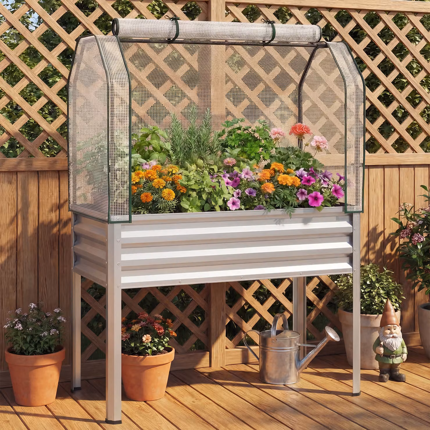 Fioriera rialzata in metallo Costway Argento con copertura in PE e porta avvolgibile L: 152 cm, P: 112 cm, H: 55 cm