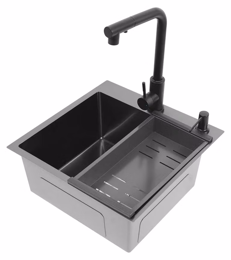 Lavello da cucina – Lavello in acciaio inossidabile, da incasso – Vasca singola – Con miscelatore estraibile – Con cestello di scarico e filtro – Colore: nero
