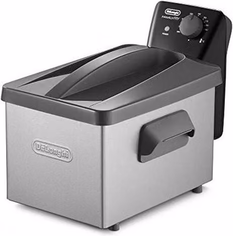 Friggitrice De'Longhi Family Fry nera e argento con zona fredda per olio e componenti lavabili in lavastoviglie