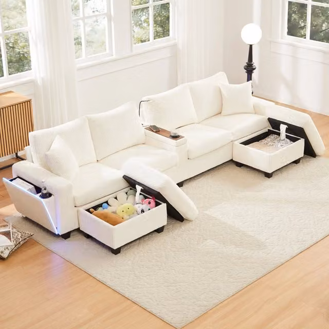 Divano ad U in Velluto a Coste con Poggiapiedi, Luce LED e USB ¨C MINIMAL ¨C Beige, 334x128.5x81 cm