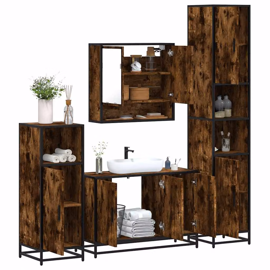 Set di mobili da bagno industrial vidaXL in legno e metallo marrone composto da 4 pezzi con armadietto specchio, mobile lavabo, mobile laterale e colonna alta