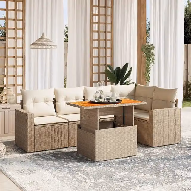 Set Divano da Giardino a L VIDAXL in Polyrattan Beige con 6 Cuscini