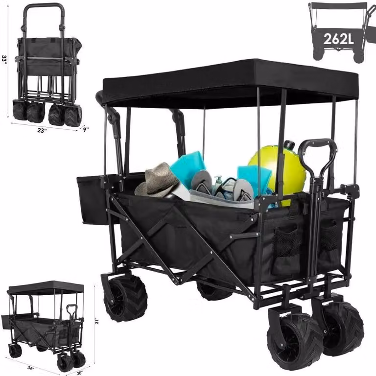 Carrello da giardino pieghevole, con tenda parasole removibile. Ideale per il giardino