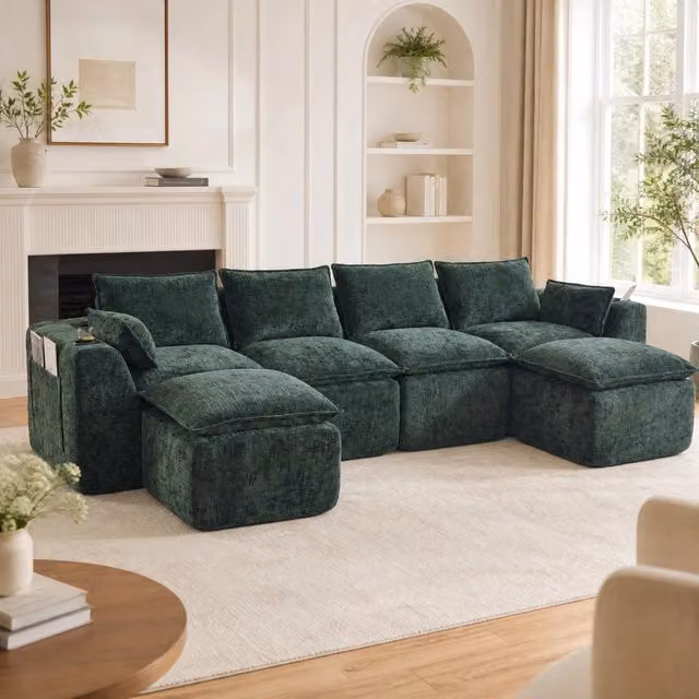 Divano modulare a L da 4 posti OKWISH in tessuto verde con cuscini, ideale per il tuo soggiorno, L/P/H: 322 x 161 x 75 cm