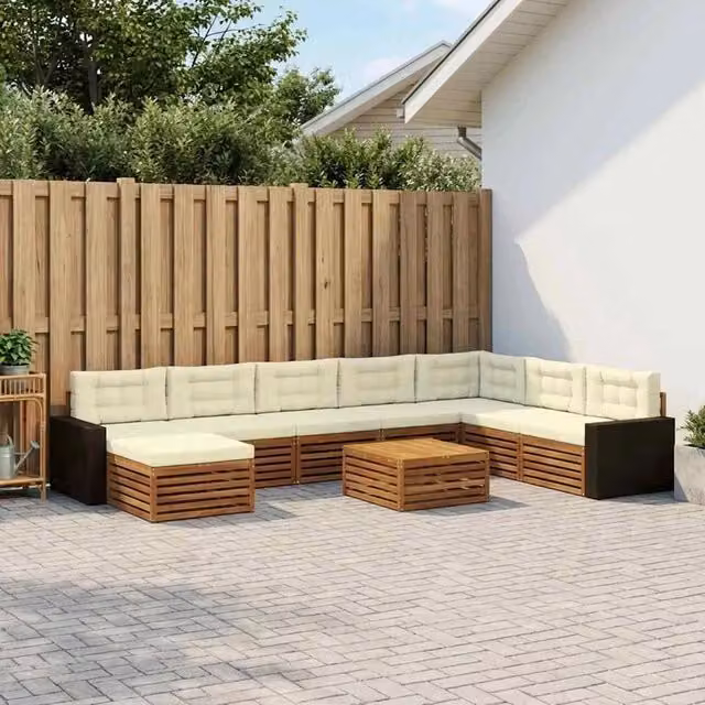 Set di divani da esterno a forma di U vidaXL in legno di acacia con tavolino e pouf, colore marrone e beige – 1