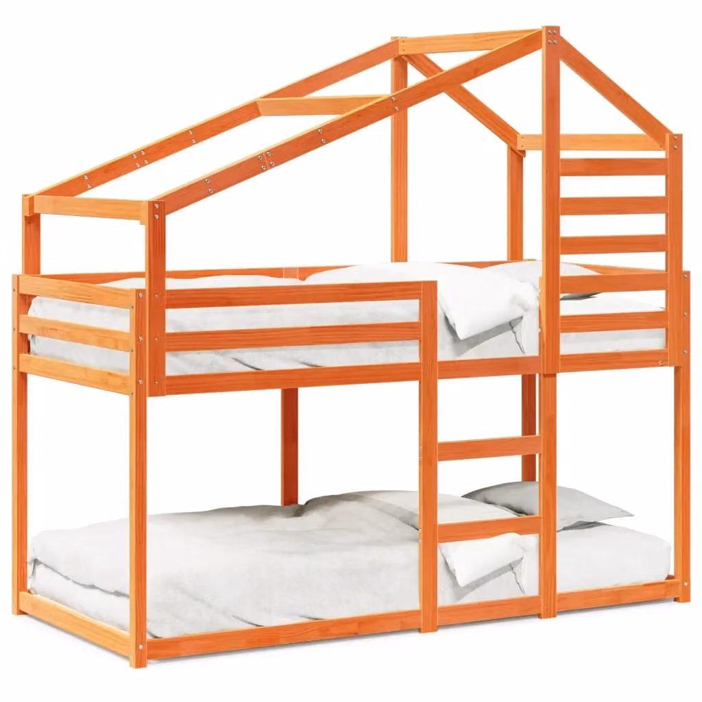 Letto a Castello con Tetto a Forma di Casa vidaXL in Legno Massello di Pino, Marrone Cera, 90 x 190 cm – 2