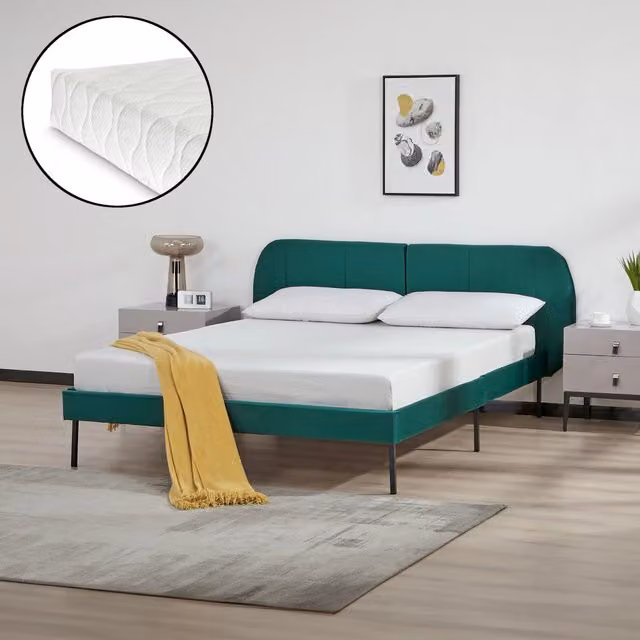 Letto Francese Porvoo en.casa con Testiera e Materasso in Velluto Verde Scuro L/P/H: 140 x 200 cm