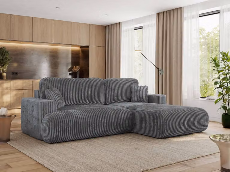 MKS MEBLE divano angolare OVO con funzione letto e box letto, velluto a coste grigio scuro, divano a L, divano angolare a 4 posti, 271x195x95 cm - lato destro