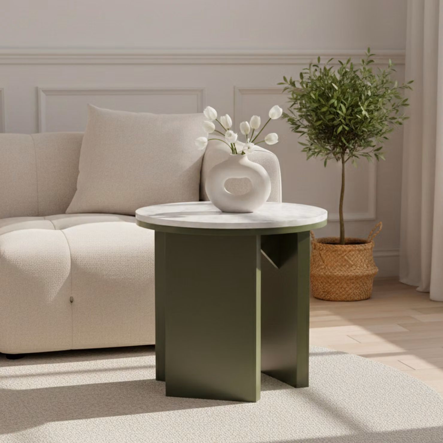 Tavolino rotondo con finitura effetto legno diam 50 cm verde oliva - Oviala Bonny