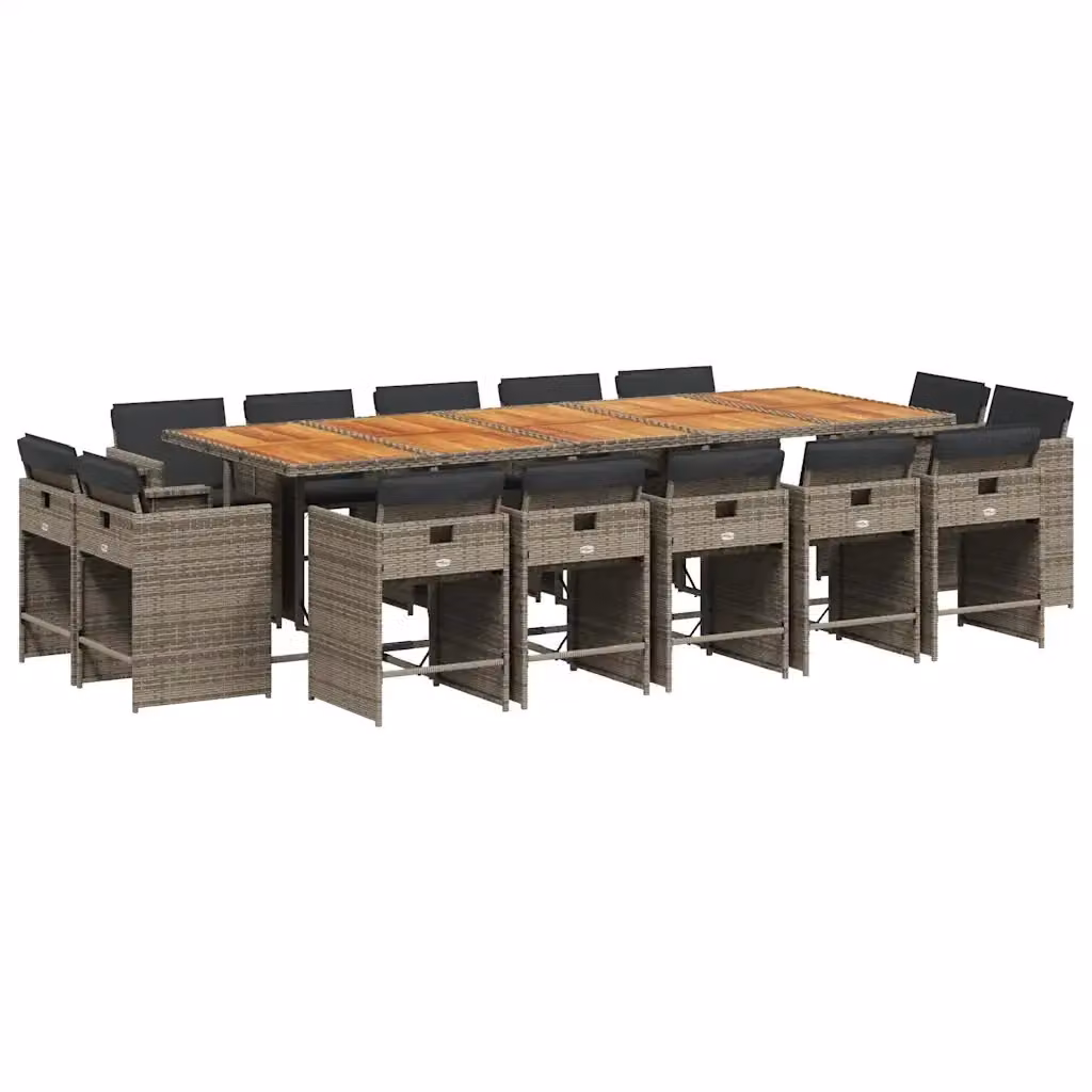 Set da pranzo da giardino vidaXL in polyrattan e legno di acacia da 15 pezzi con cuscini grigi e marroni – 2