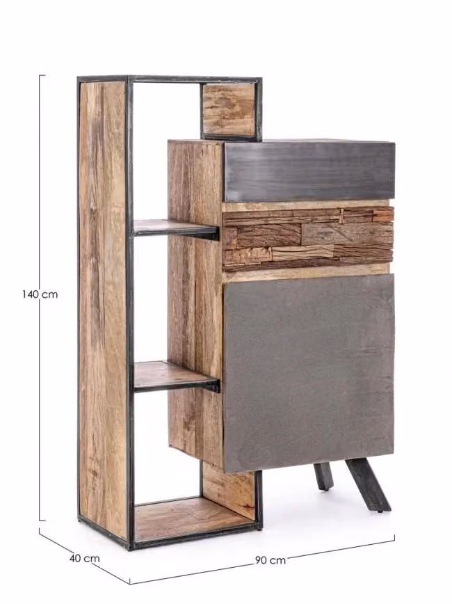 Mobile in stile industriale GIORDANOSHOP con 1 anta e 2 cassetti in legno di mango e metallo, marrone, L: 90 cm, P: 40 cm, H: 140 cm – 2