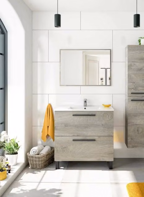 Mobile sottolavabo sospeso DMORA per bagno in Rovere, con cassetti e ante soft-close, L: 80 cm, P: 45 cm, H: 80 cm