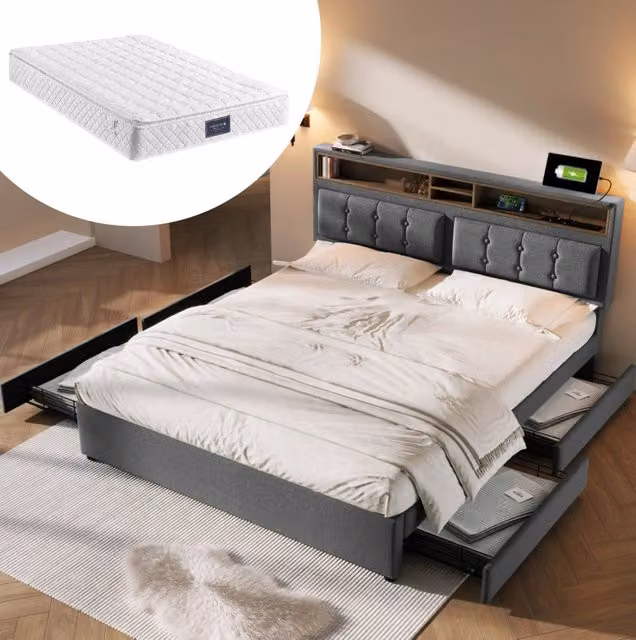 Letto matrimoniale imbottito 140x200 cm con materasso; 4 cassetti; testiera regolabile; grigio